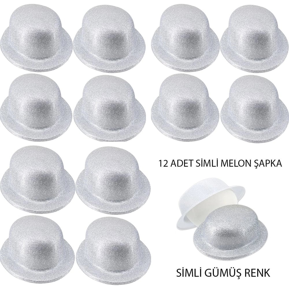 Mey İthalat® Gümüş Renk Simli Melon Yuvarlak Parti Şapkası 12 Adet
