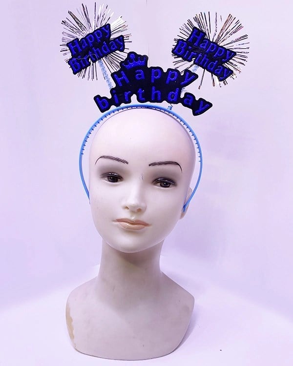 Mey İthalat® Happy Birthday Yazılı Püsküllü Neon Mavi Renk Doğum Günü Tacı 22x19 cm