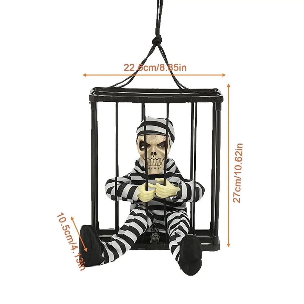 Mey İthalat® Hareketli Sesli Sensörlü Mahkum Görünümlü Kuru Kafa İskelet Dekorasyon 22x27 cm