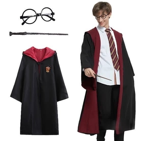 Mey İthalat® Harry Potter Gryffindor Kapişonlu Çocuk Kostüm + Asa + Gözlük Seti 7-8 Yaş
