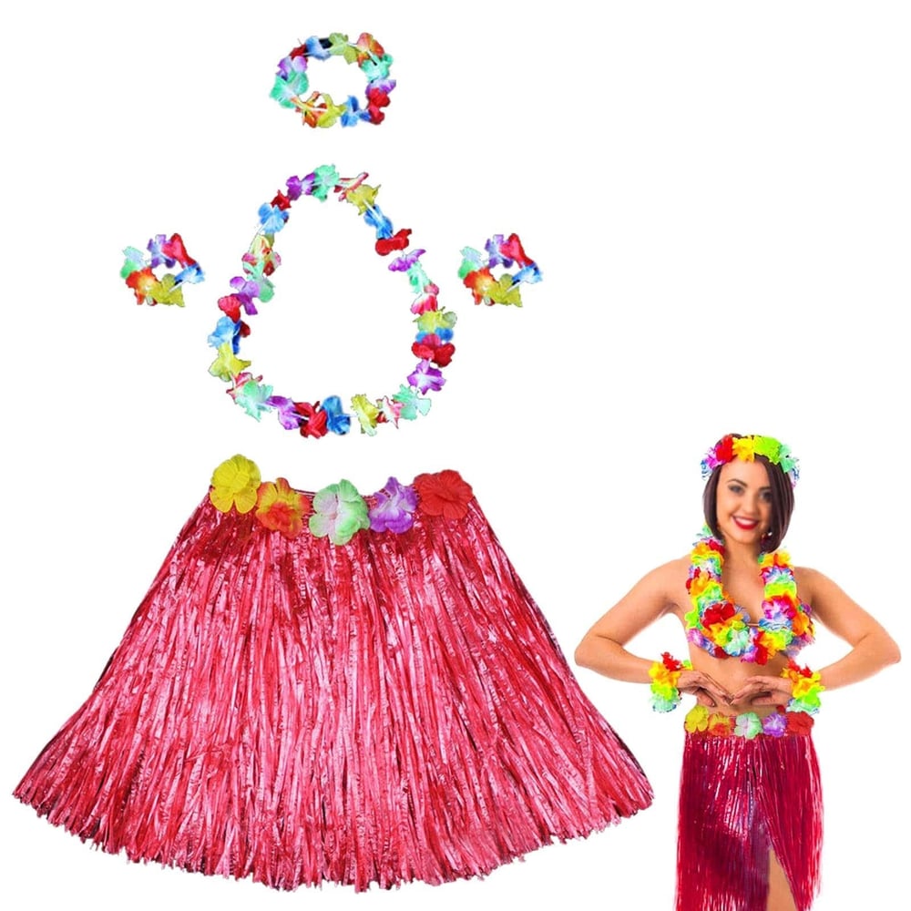 Mey İthalat® Hawaii Dans Kostümü – Kırmızı Hula Etek & Çiçek Kolye Seti