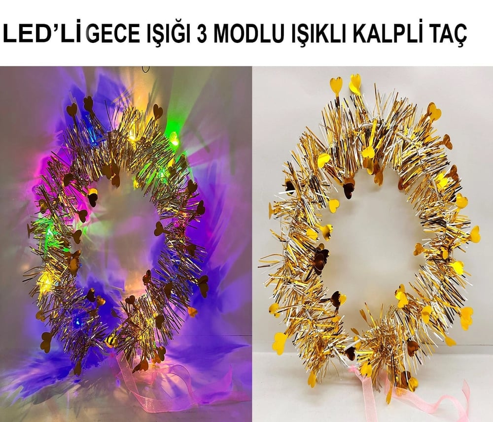 Mey İthalat® Kalp Püsküllü Gece Parıltısı 3 Modlu LED'li Işıklı Taç Altın Renk