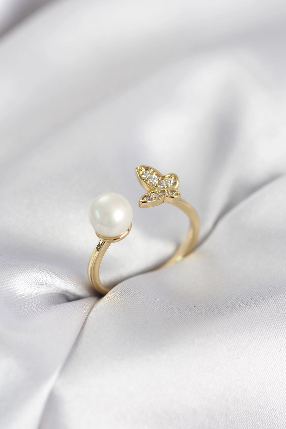 Mey İthalat® Kelebek İncili Model Gold Renk Zirkon Taşlı Kadın Yüzük