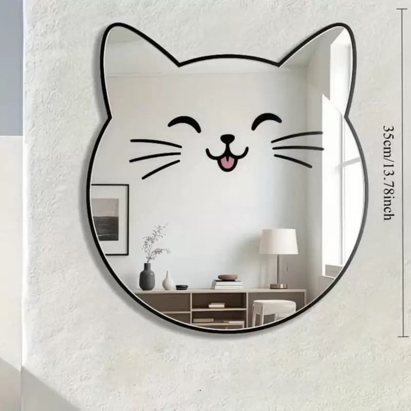 Mey İthalat® Kırılmaz Pleksi Gülen Kedi Duvar Aynası - 35x35 cm Çocuk ve Bebek Odası Dekoratif Ayna