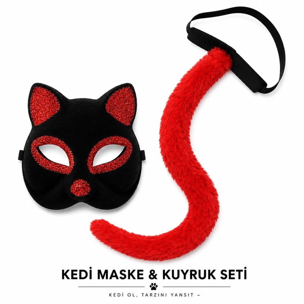 Mey İthalat® Kırmızı Kedi Maske ve Kuyruk Seti Parti Kostüm Aksesuarı