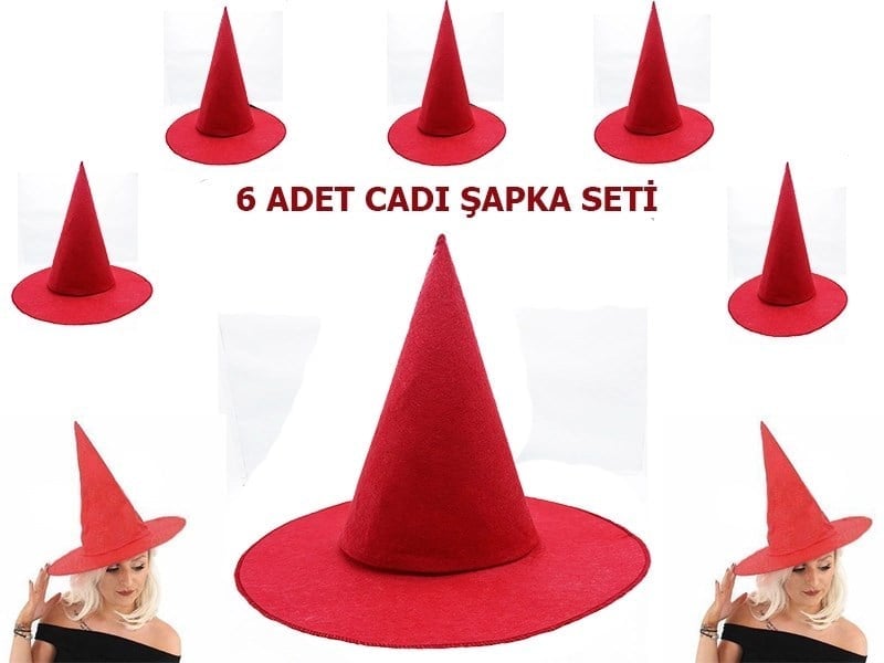 Mey İthalat® Kırmızı Renk Keçe Cadı Şapkası Yetişkin Çocuk Uyumlu 6 Adet