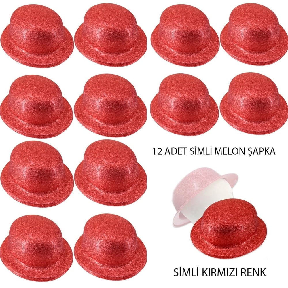 Mey İthalat® Kırmızı Renk Simli Melon Yuvarlak Parti Şapkası 12 Adet