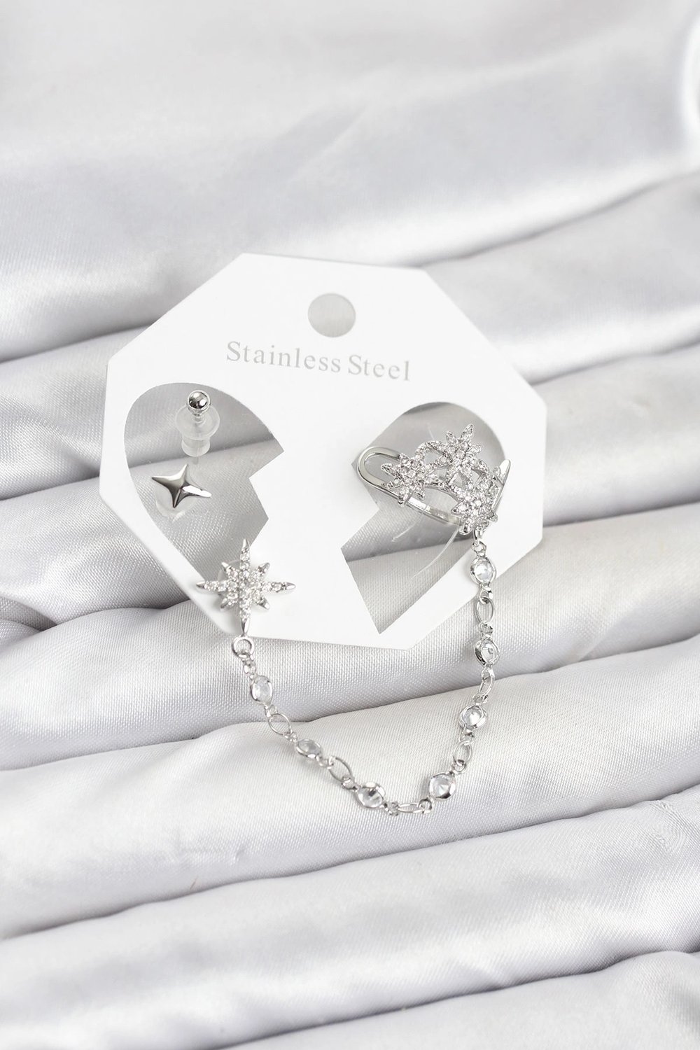Mey İthalat® Kutup Yıldızı Model Pirinç Gümüş Renk Zincir Bağlantılı Ear Cuff Küpe Seti