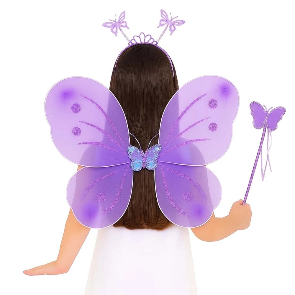 Mey İthalat® Lila Mor Kelebek Kız Seti – 50 cm Kelebek Kanadı, Taç ve Asa