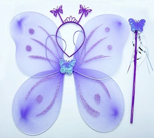 Mey İthalat® Lila Mor Kelebek Kız Seti – 50 cm Kelebek Kanadı, Taç ve Asa