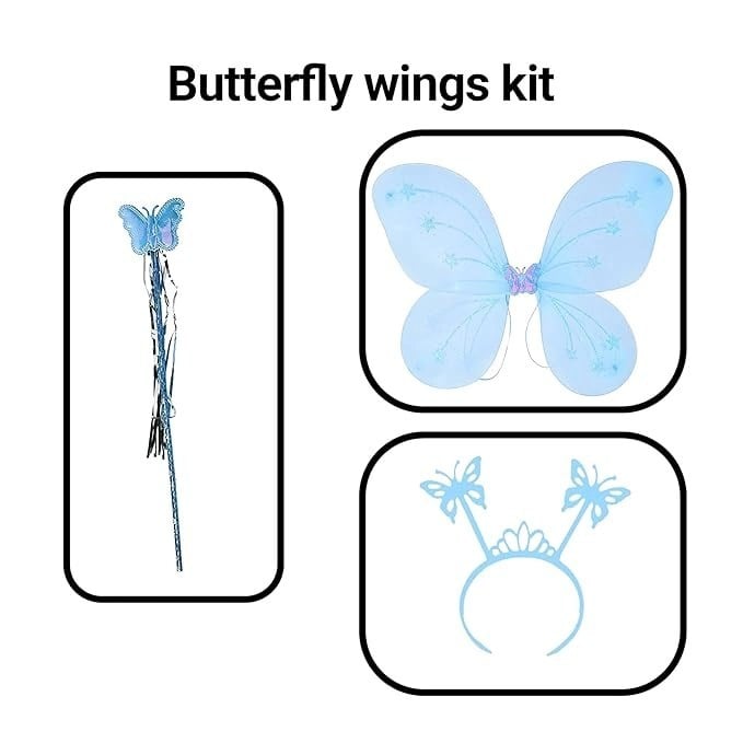 Mey İthalat® Mavi Kelebek Erkek-Kız Seti – 50 cm Kelebek Kanadı, Taç ve Asa
