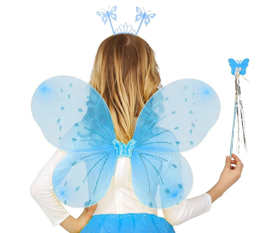 Mey İthalat® Mavi Kelebek Erkek-Kız Seti – 50 cm Kelebek Kanadı, Taç ve Asa