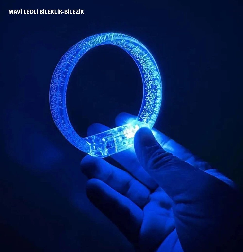 Mey İthalat® Mavi Led Işıklı Baskı Yapılabilen Pilli Bileklik Bilezik 1,5 cm Genişlik