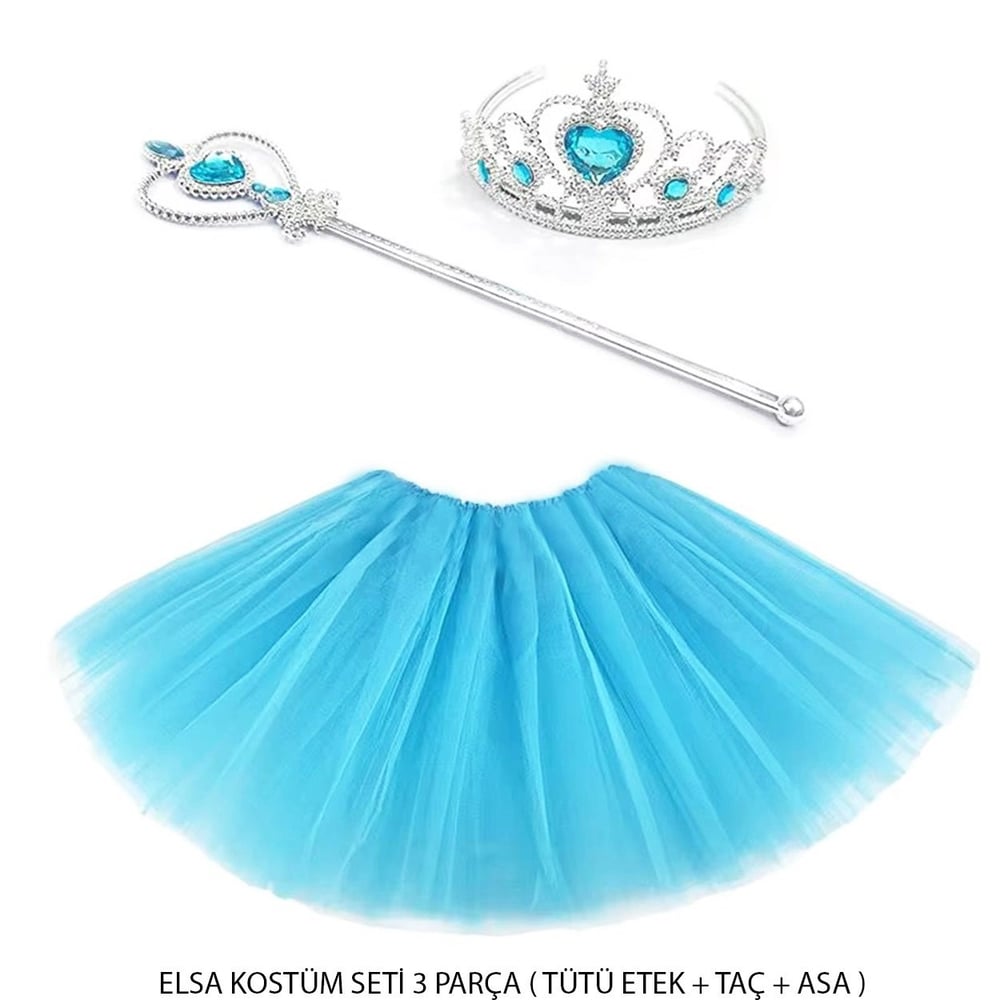 Mey İthalat® Mavi Prenses Elsa Kostüm Seti 3 Parça (Tütü Etek + Taç + Asa )