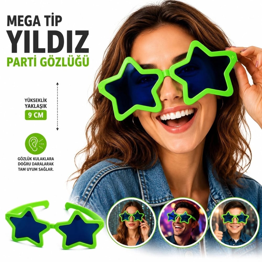 Mey İthalat® Mega Tip Yıldız Parti Gözlüğü Yeşil Renk
