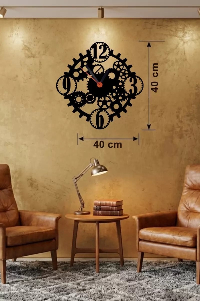 Mey İthalat® Mekanik Dişli Çark Tasarım Ahşap Duvar Saati - 40x40 cm Steampunk Dekor