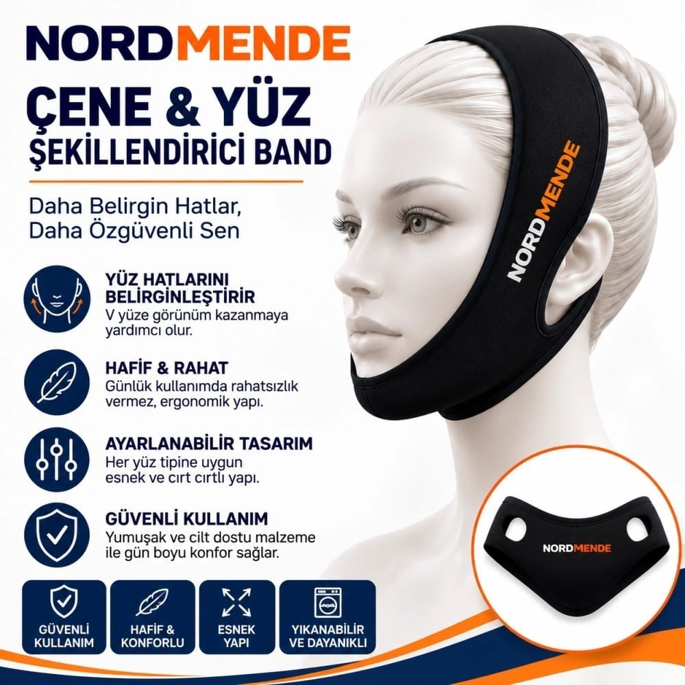 Mey İthalat® NORDMENDE Çene ve Yüz Şekillendirici Band - Ayarlanabilir V-Line Yüz Toparlayıcı Band - Cırt Cırtlı Esnek Yüz Bandı - Siyah