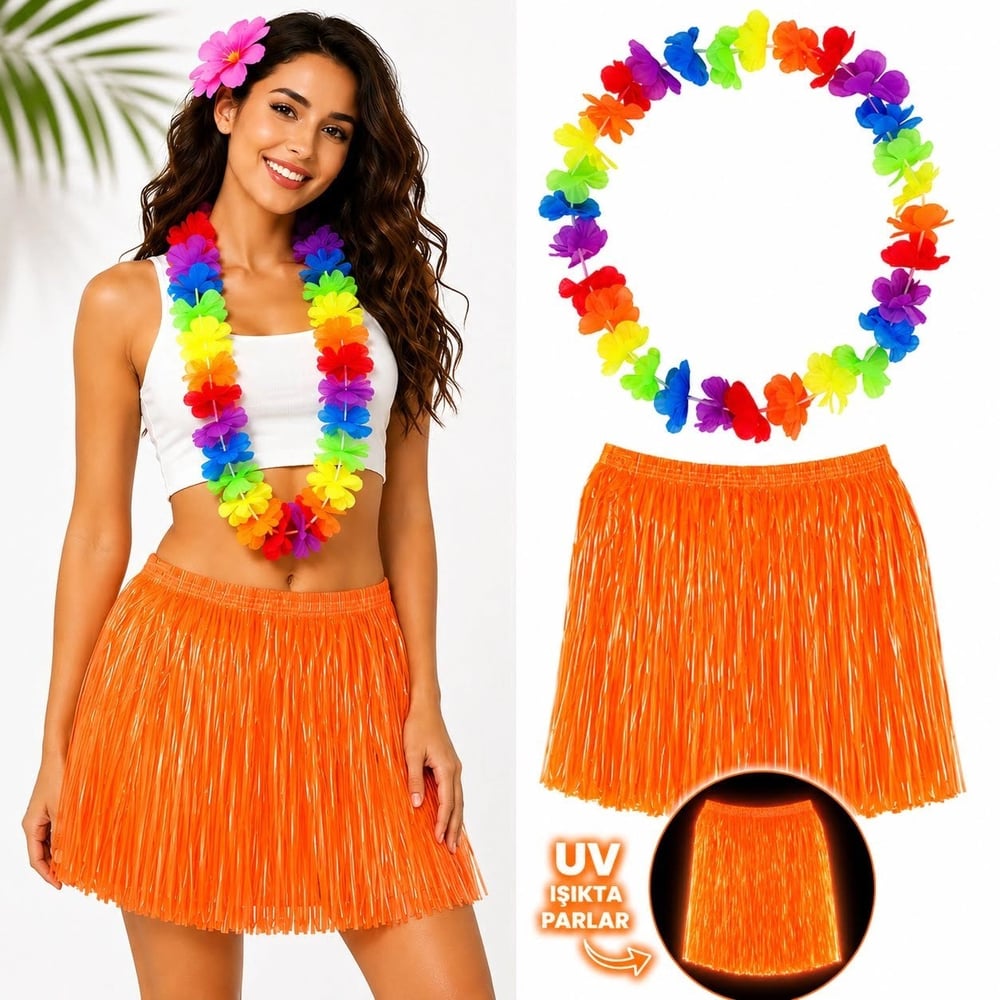 Mey İthalat® Neon Turuncu Hawaii Etek 40 cm ve Rengarenk Hawaii Kolye