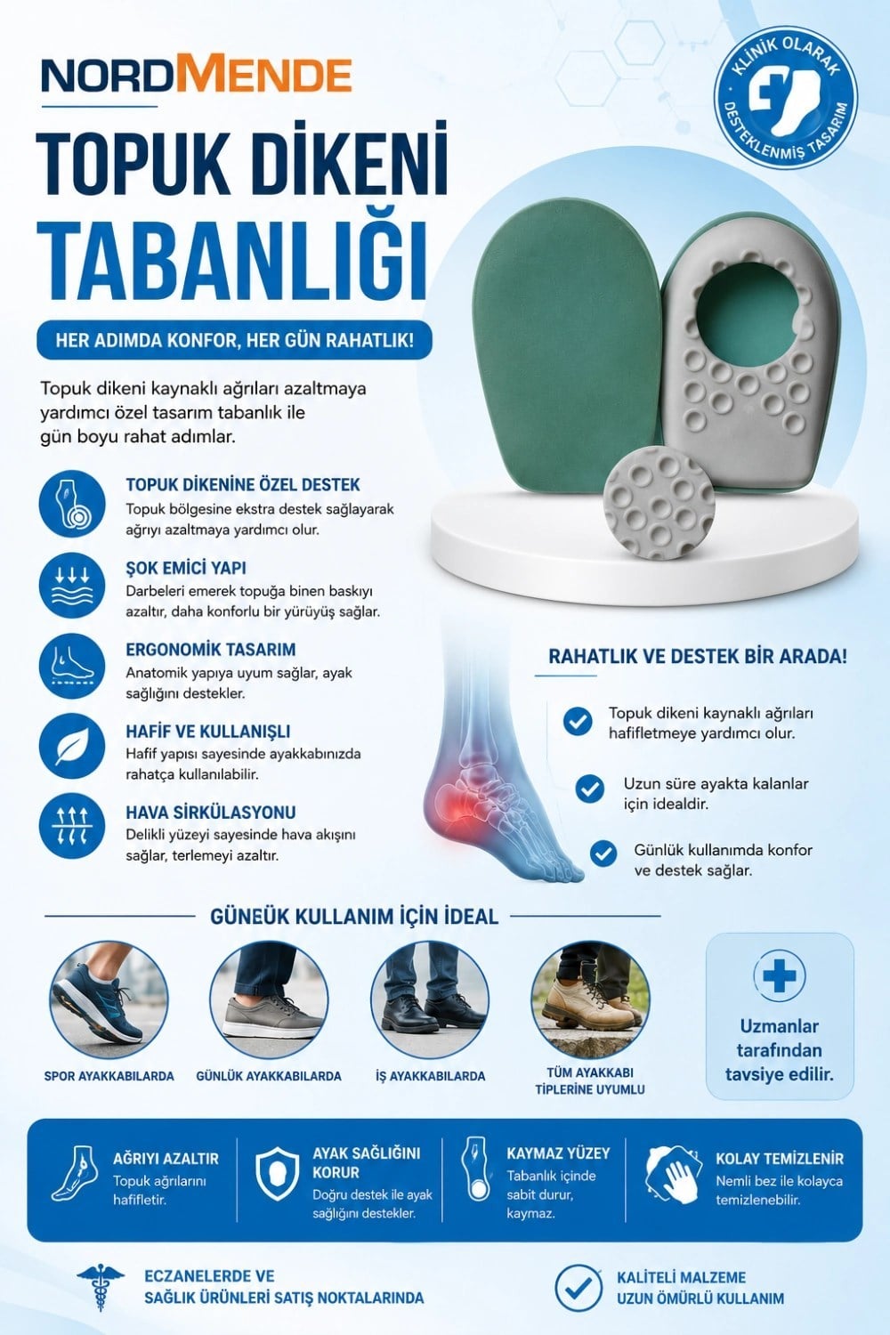 Mey İthalat® Ortopedik Topuk Dikeni Tabanlığı – Yumuşak Sünger Destekli Şok Emici Ayakkabı İçi Tabanlık