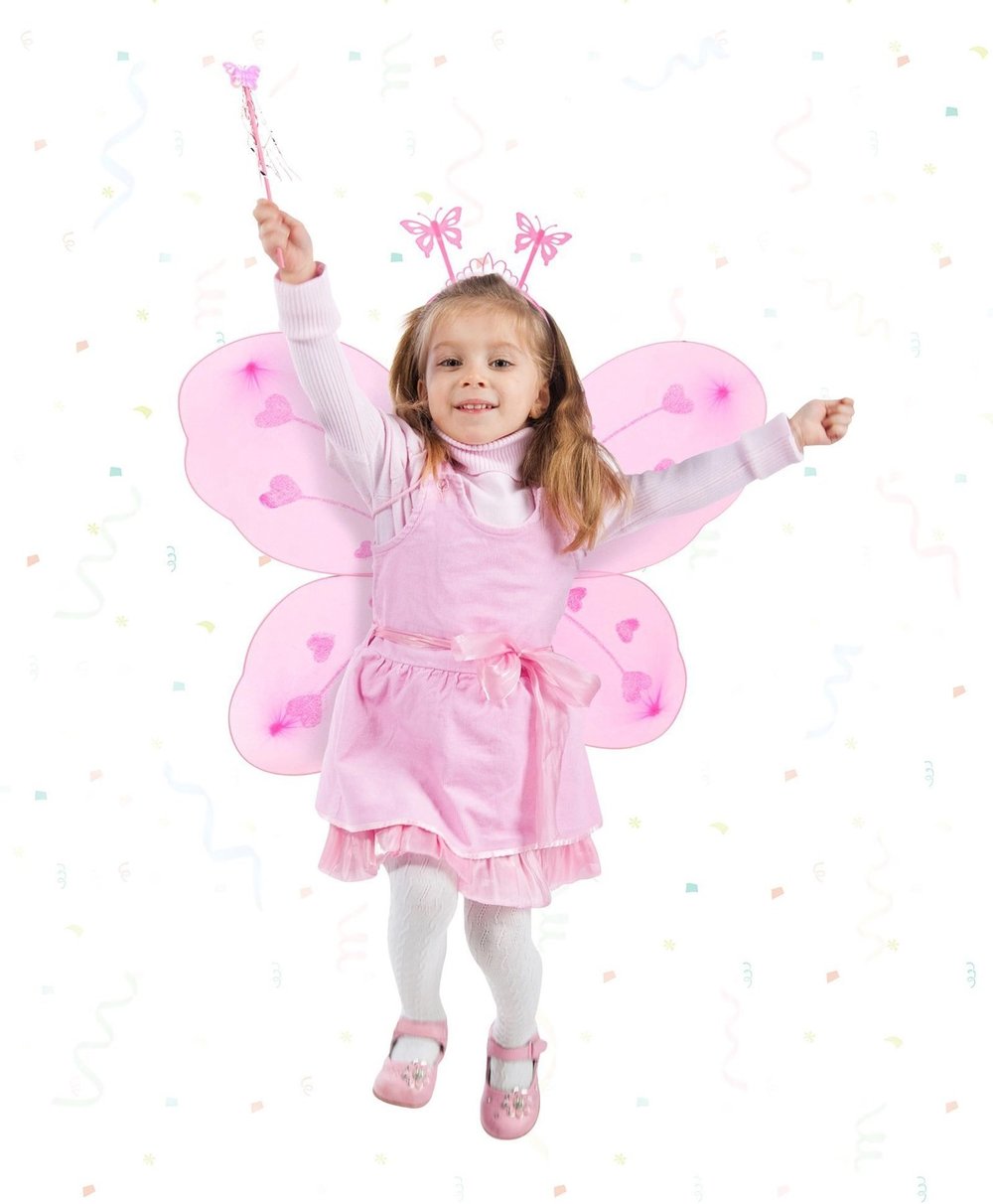 Mey İthalat® Pembe Kelebek Kız Seti – 50 cm Kelebek Kanadı, Taç ve Asa