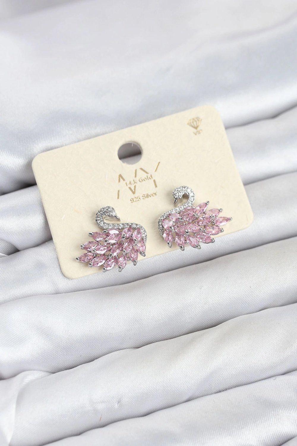 Mey İthalat® Pembe Zirkon Taşlı Gümüş Swan Kuğu Model Kadın Küpe
