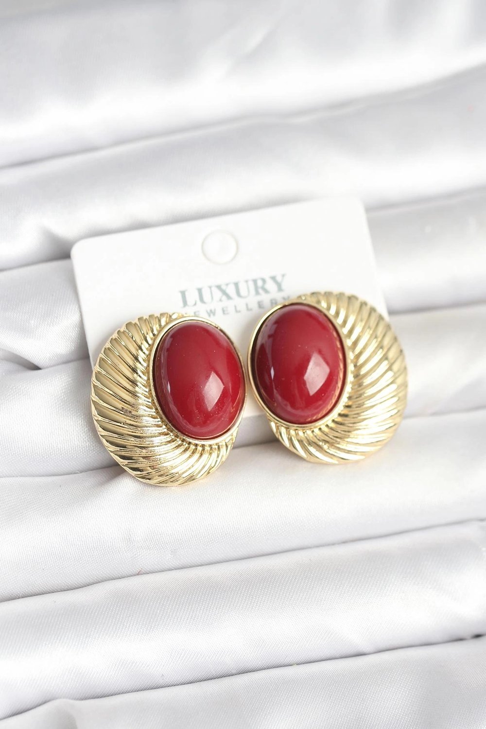 Mey İthalat® Pirinç Gold Renk Bordo Boncuklu Oval Vintage Kadın Küpe