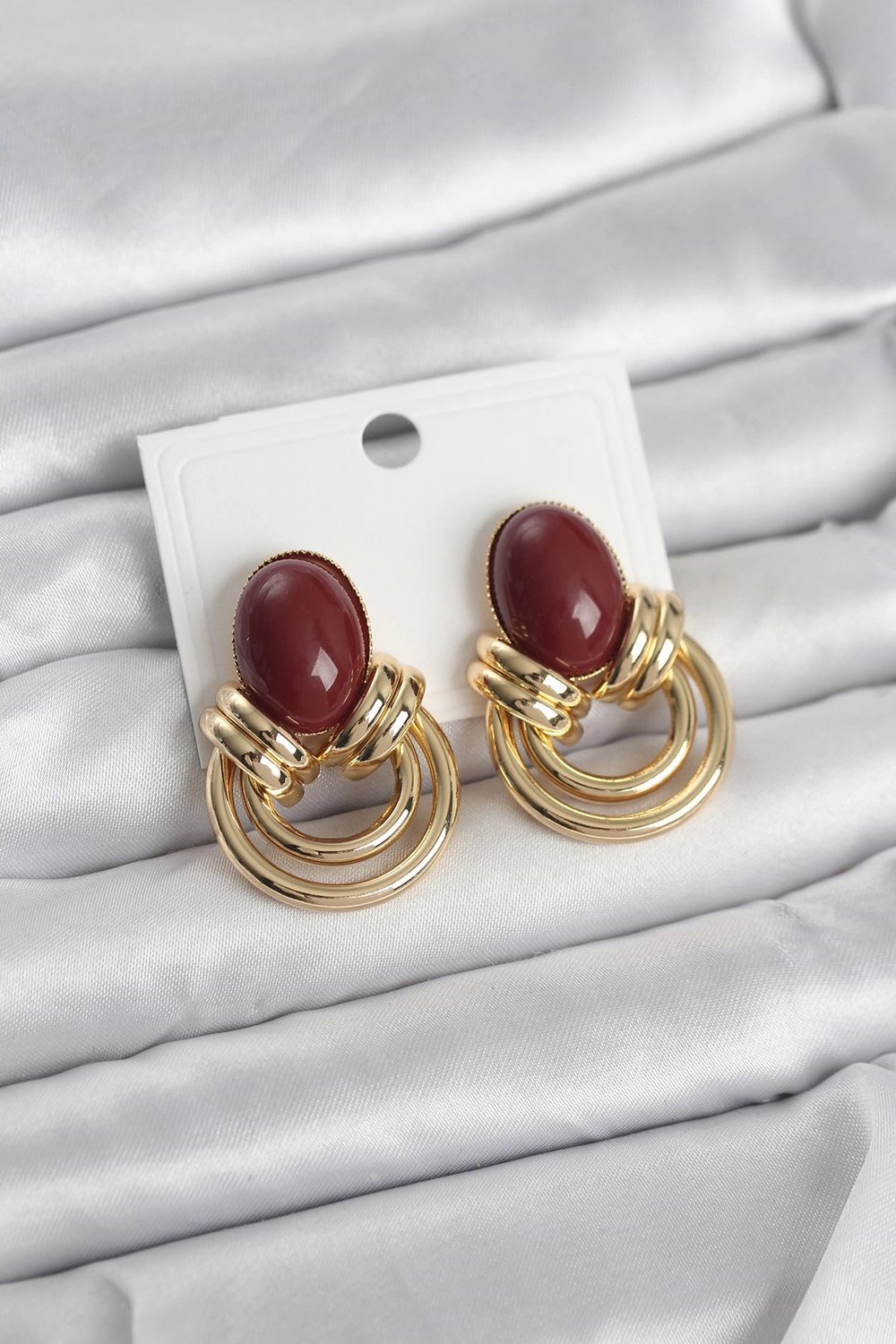 Mey İthalat® Pirinç Gold Renk Bordo Taşlı Vintage Kadın Küpe