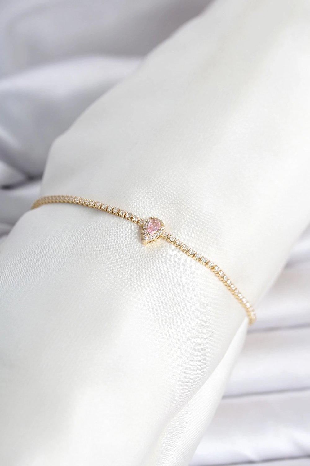 Mey İthalat® Pirinç Gold Renk Pembe Damla Model Su Yolu Kadın Bileklik