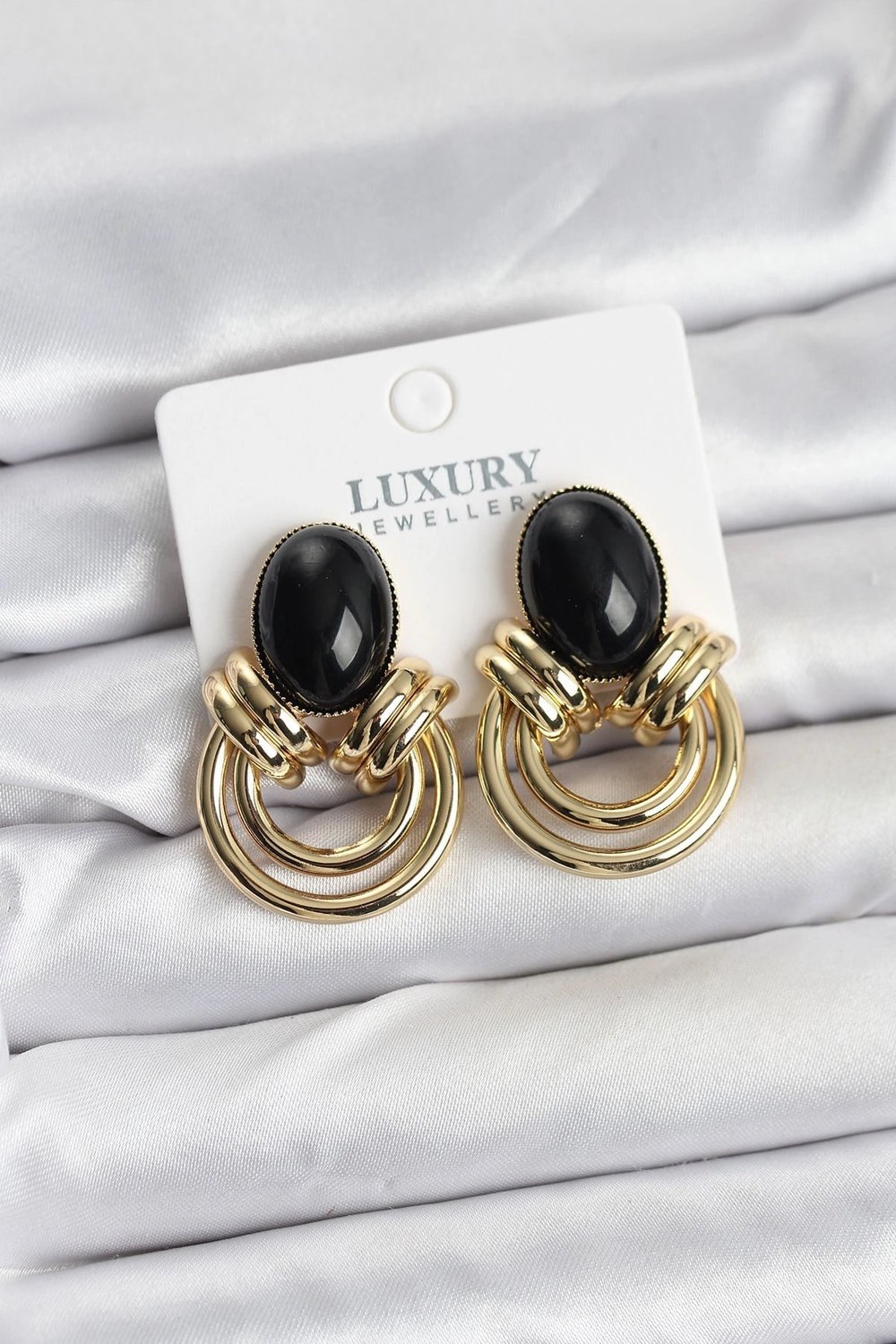 Mey İthalat® Pirinç Gold Renk Siyah Taşlı Vintage Kadın Küpe