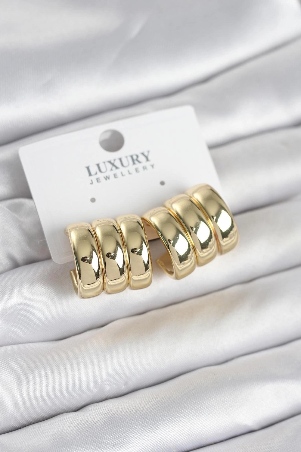 Mey İthalat® Pirinç Gold Renk Üçlü Görünüm Kadın Küpe