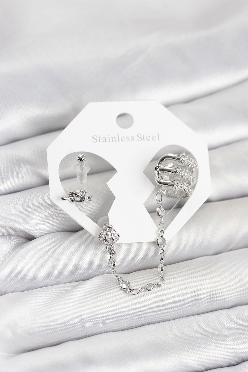 Mey İthalat® Pirinç Gümüş Renk Sarmal Model Zincir Bağlantılı Ear Cuff Küpe Seti