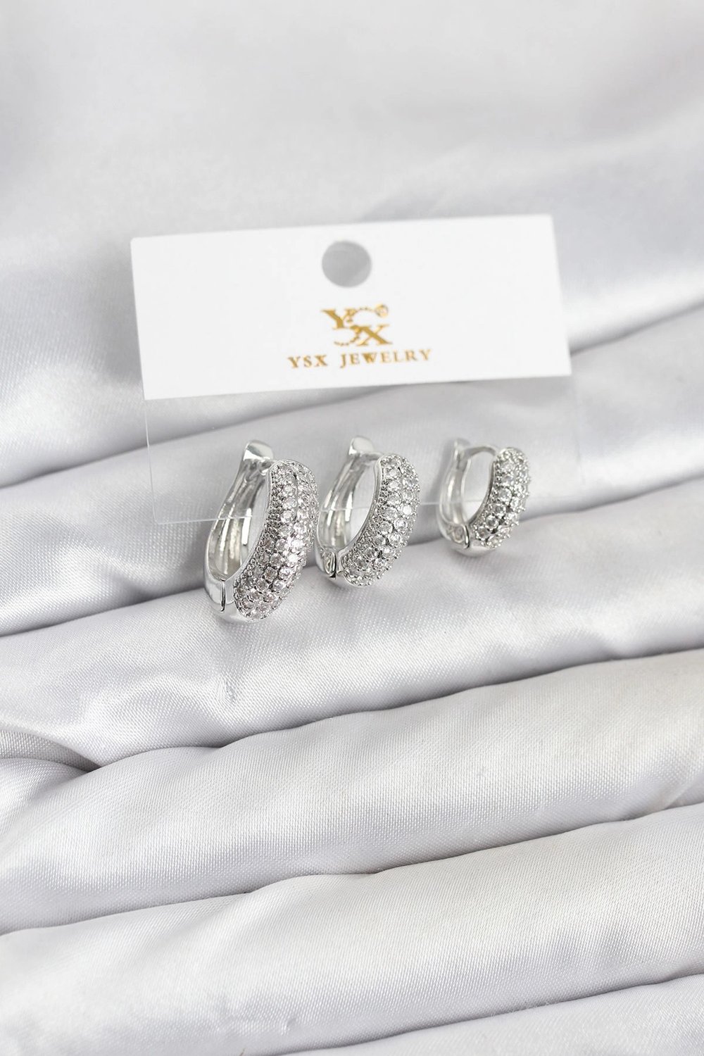 Mey İthalat® Pirinç Gümüş Renk Zirkon Taşlı Halka Model YSX Trio Küpe Seti