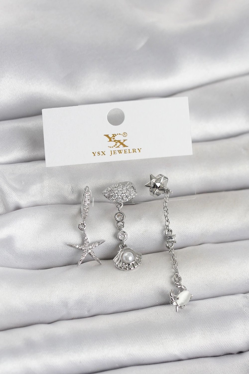 Mey İthalat® Pirinç Gümüş Renk Zirkon Taşlı Deniz Temalı 3'lü Kadın Küpe