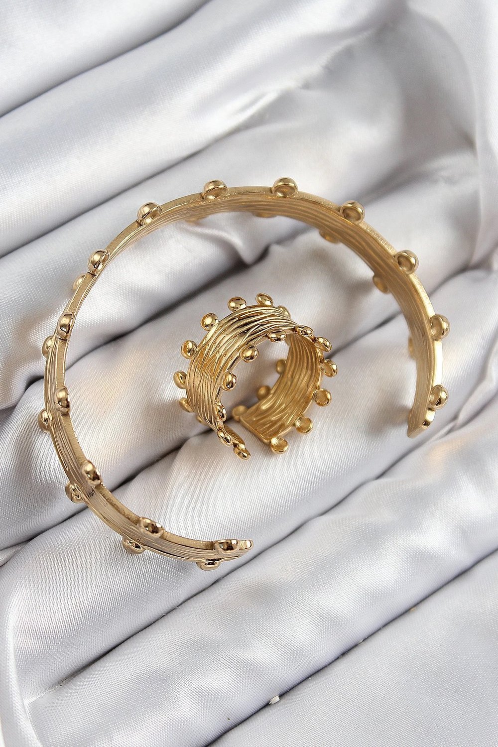 Mey İthalat® Pirinç Topcuk Model Gold Renk Bileklik Yüzük Set