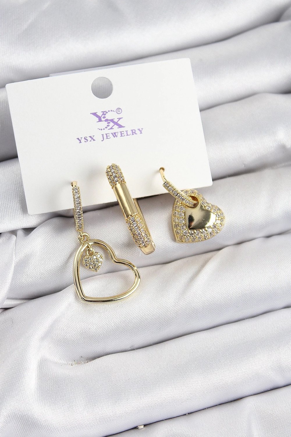 Mey İthalat® Pirinç Zİrkon Taşlı Kalp Model Gold Renk 3'lü Kadın Küpe