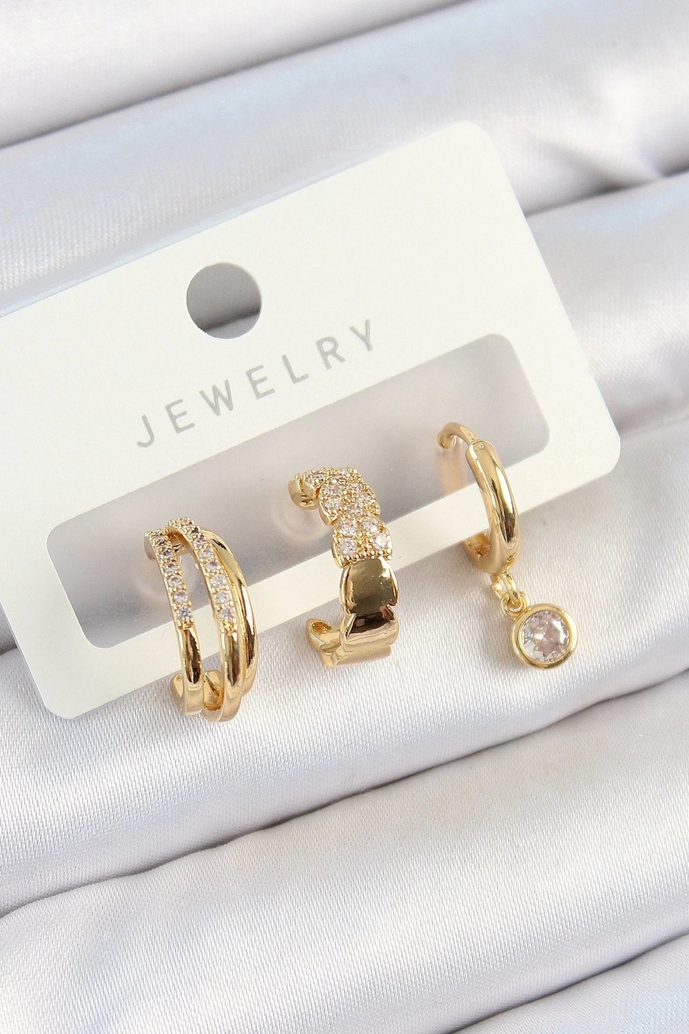 Mey İthalat® Pirinç Zirkon Taşlı Halka Model Gold Renk 3'lü Çift Kadın Küpe Set