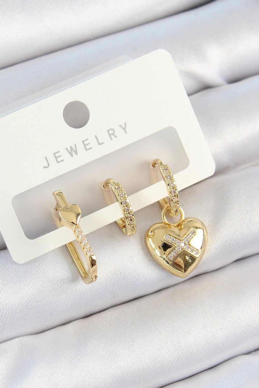 Mey İthalat® Pirinç Zirkon Taşlı Kalp Model Gold Renk 3'lü Çift Kadın Küpe Set