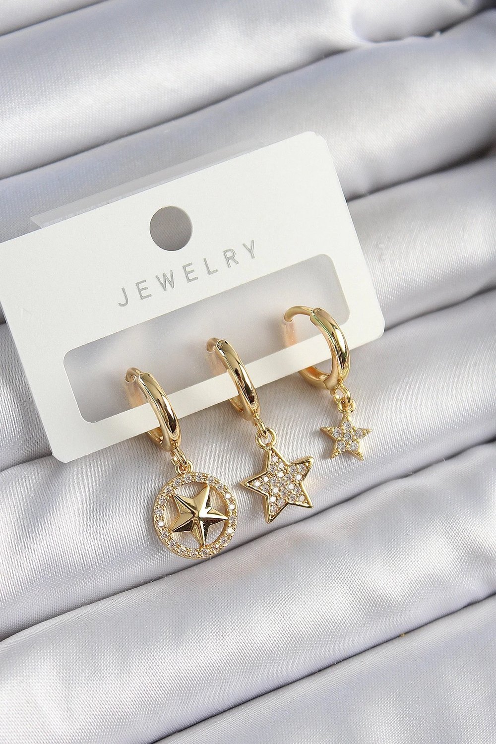 Mey İthalat® Pirinç Zirkon Taşlı Yıldız Model Gold Renk 3'lü Çift Kadın Küpe Set
