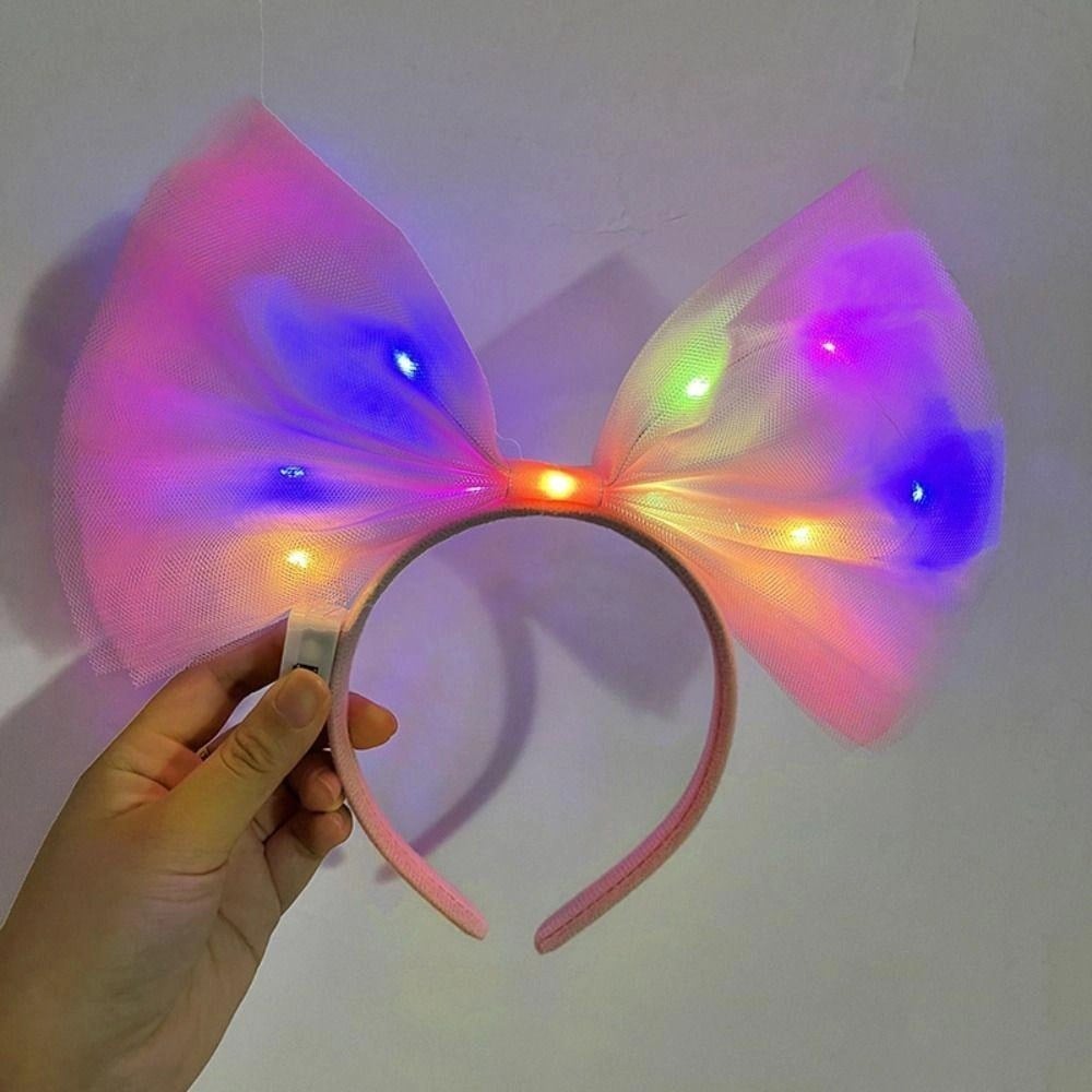 Mey İthalat® Rengarenk Led Işıklı Fiyonk Şekilli Tül Parti Tacı Pembe Renk 25x25 cm