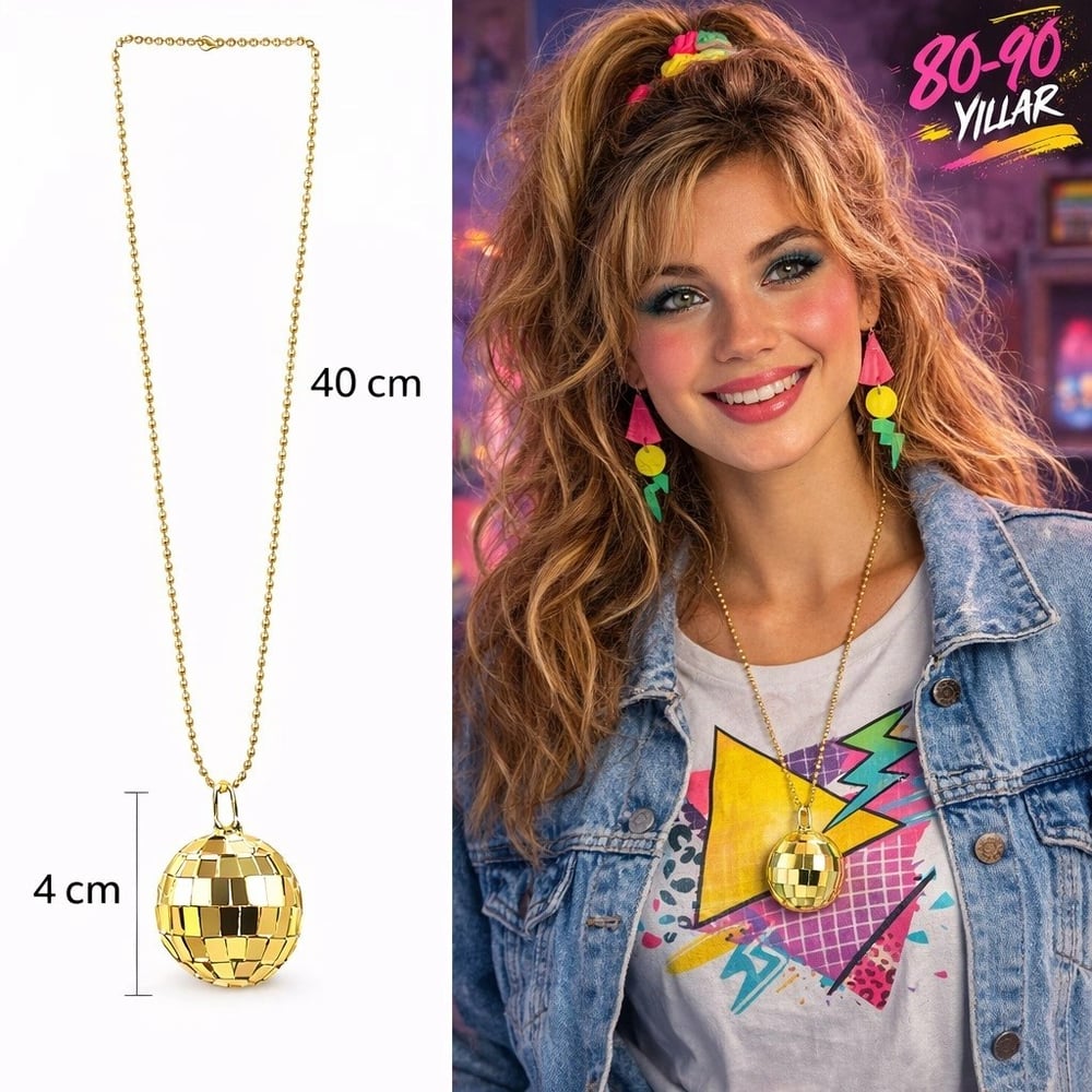 Mey İthalat® Retro Disko Topu Şekilli 80'ler 90'lar Altın Renk Plastik Kolye