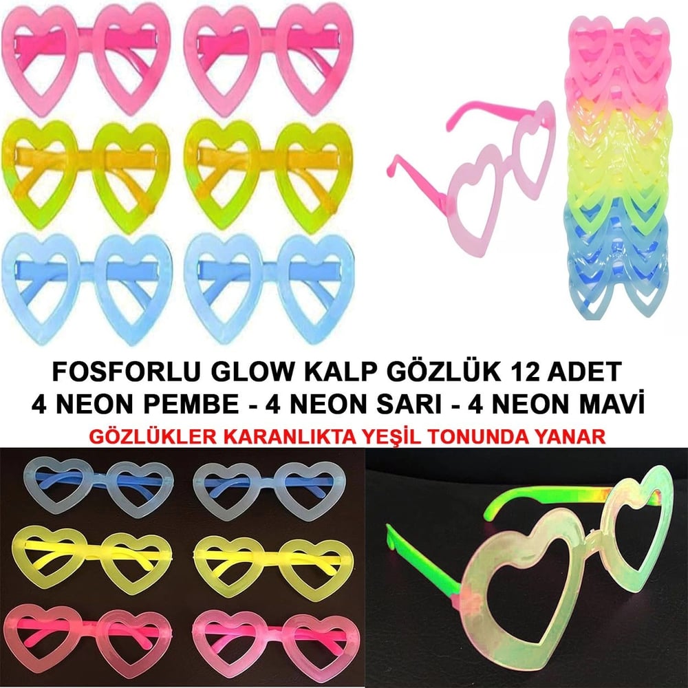 Mey İthalat® Retro Neon Fosforlu Kalp Gözlük 12 Adet – 80’ler 90’lar Parti Stili