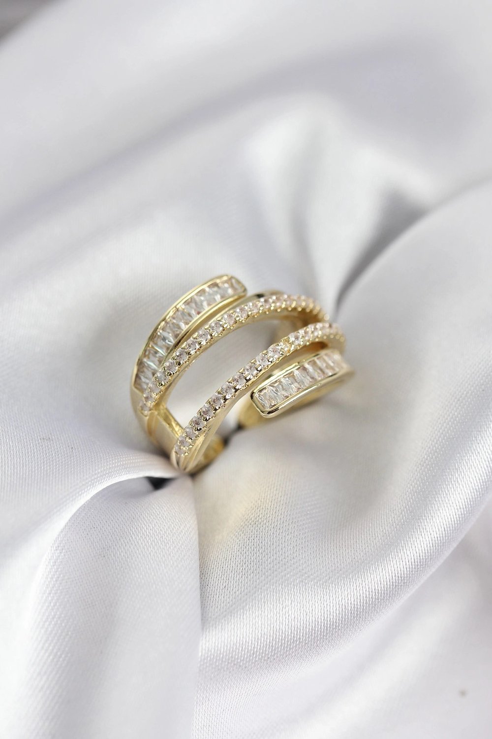 Mey İthalat® Sarmal Zirkon Baget Taşlı Gold Renk Kadın Yüzük
