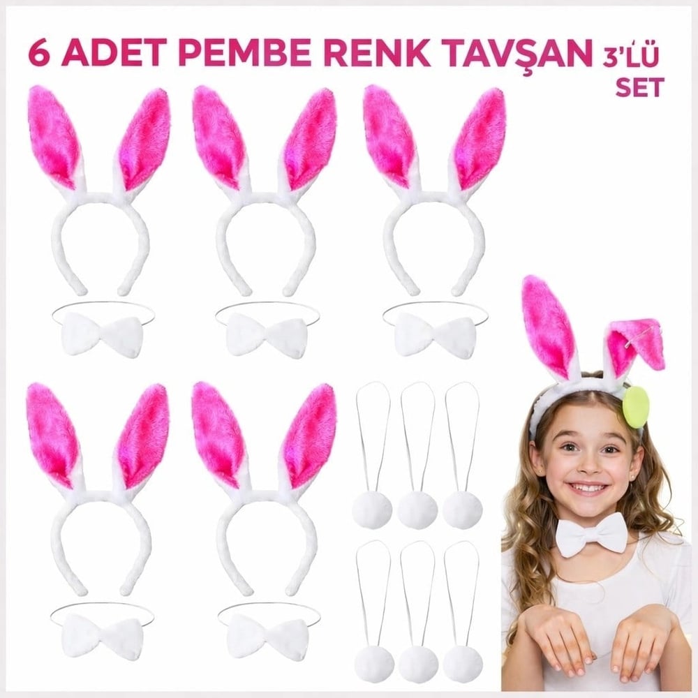 Mey İthalat® Şeker Pembesi Tavşan Sahne Seti 6'lı Set Taç Papyon Kuyruk