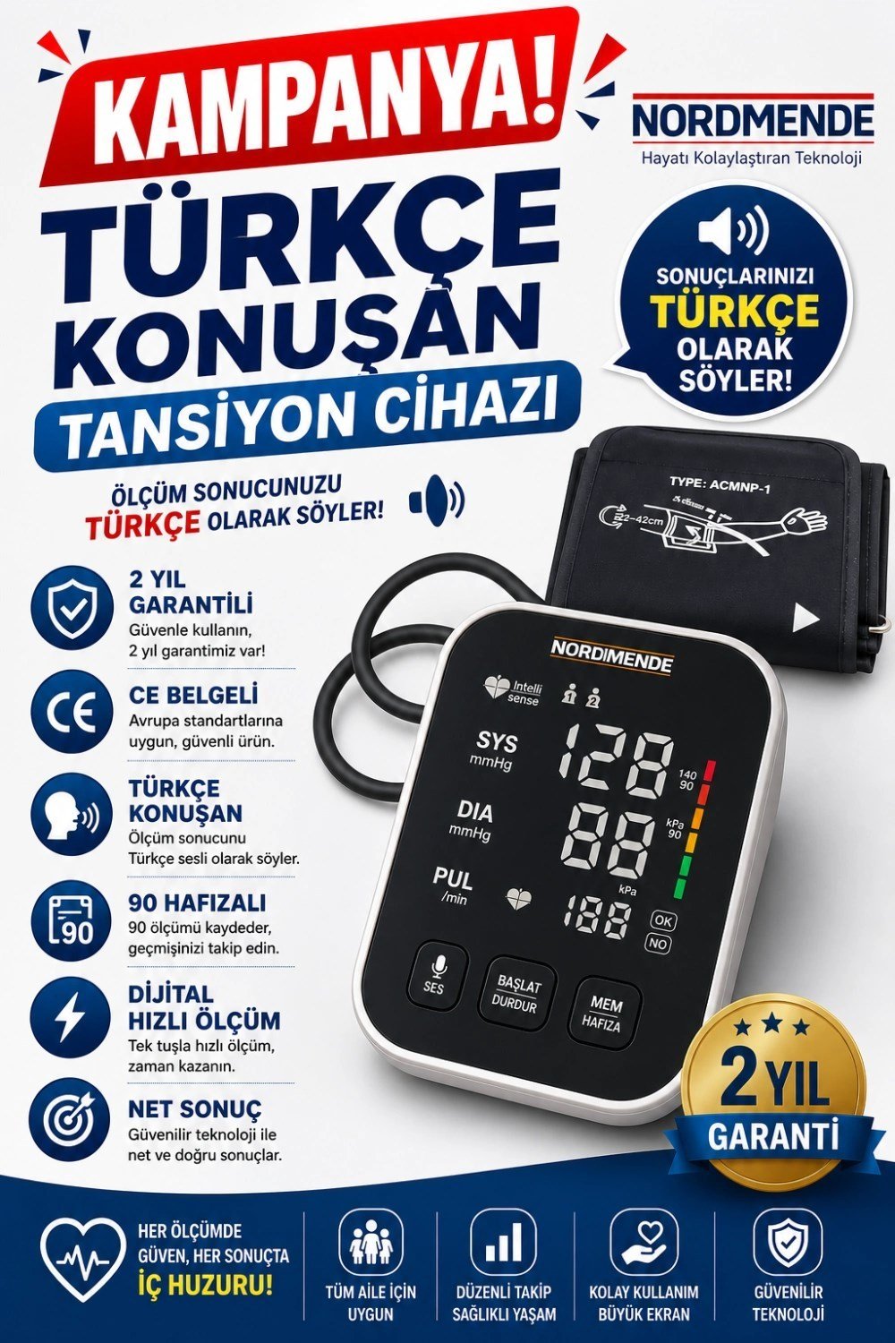 Mey İthalat® Türkçe Konuşan Şarjlı Dijital Tansiyon Aleti | Büyük LCD Ekran, Otomatik Kol Tipi, Hafızalı