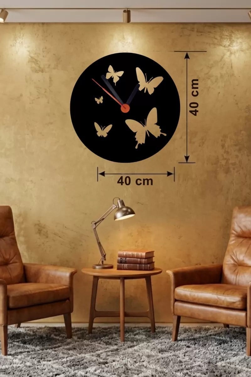 Mey İthalat® Uçuşan Kelebekler Tasarım Ahşap Duvar Saati - 40x40 cm Dekoratif