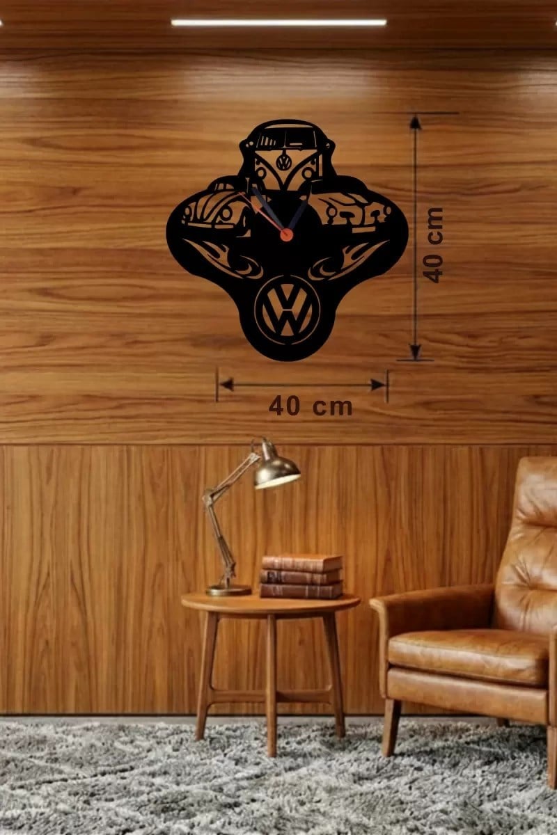 Mey İthalat® Vosvos ve Retro Araba Temalı Ahşap Duvar Saati - 40x40 cm Lazer Kesim
