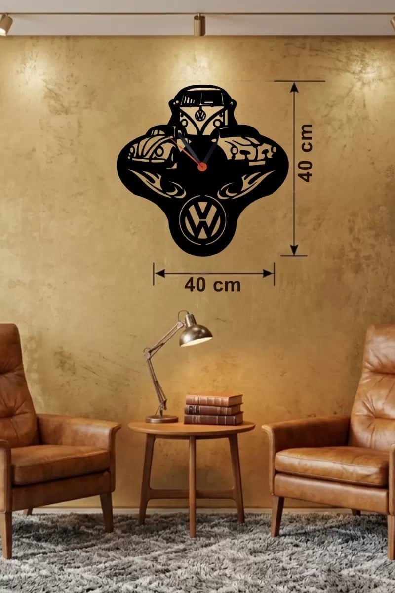 Mey İthalat® Vosvos ve Retro Araba Temalı Ahşap Duvar Saati - 40x40 cm Lazer Kesim