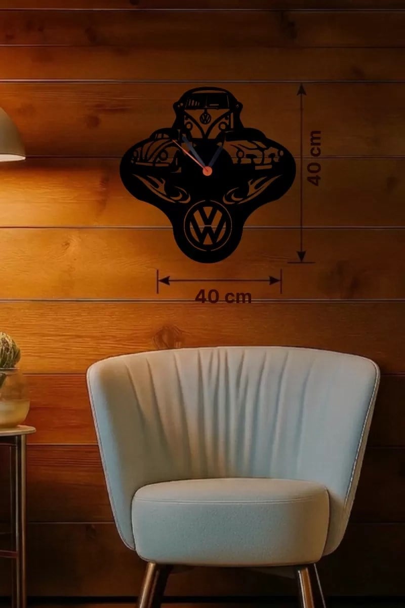 Mey İthalat® Vosvos ve Retro Araba Temalı Ahşap Duvar Saati - 40x40 cm Lazer Kesim
