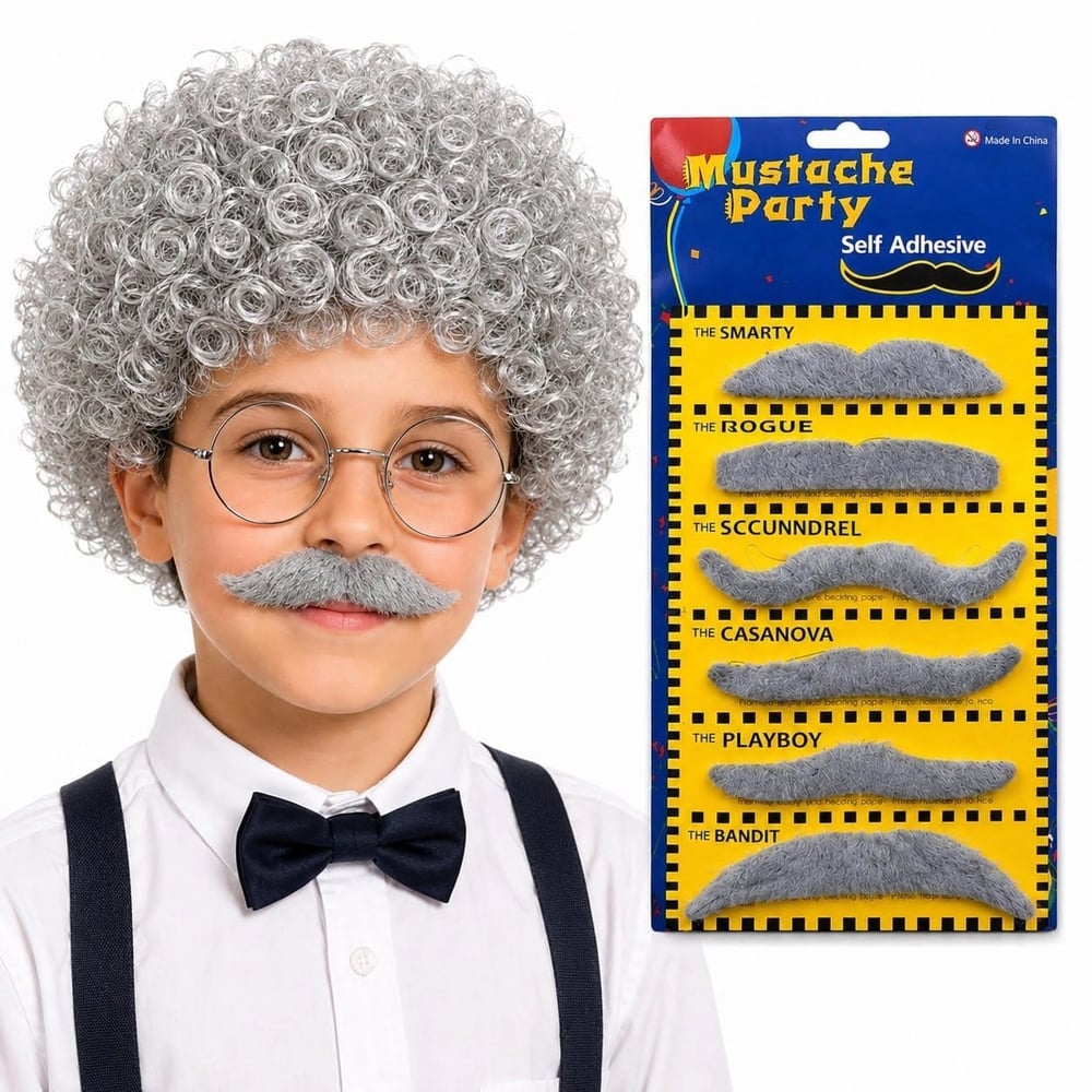 Mey İthalat® Yaşlı Kıvırcık Gri Peruk ve 6'lı Gri Bıyık Seti