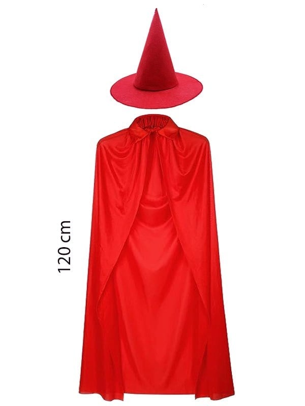 Mey İthalat® Yetişkin Boy 120 cm Kırmızı Yakalı Pelerin ve Kırmızı Cadı Şapkası